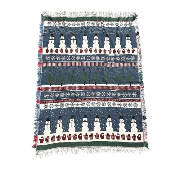 Crown Crafts Cotton USA Snowman Fair Isle Winter Theme Tapestry Blanket Fringe - Picture 1 of 8